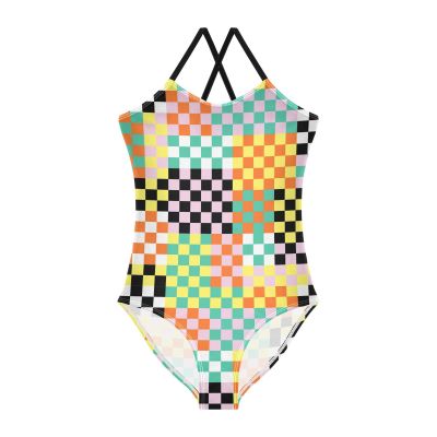 Checkerboard Funky Girls One Piece Swimsuits Colorful Sport Halter Swimwear Beach Bathing Suit 7-8T