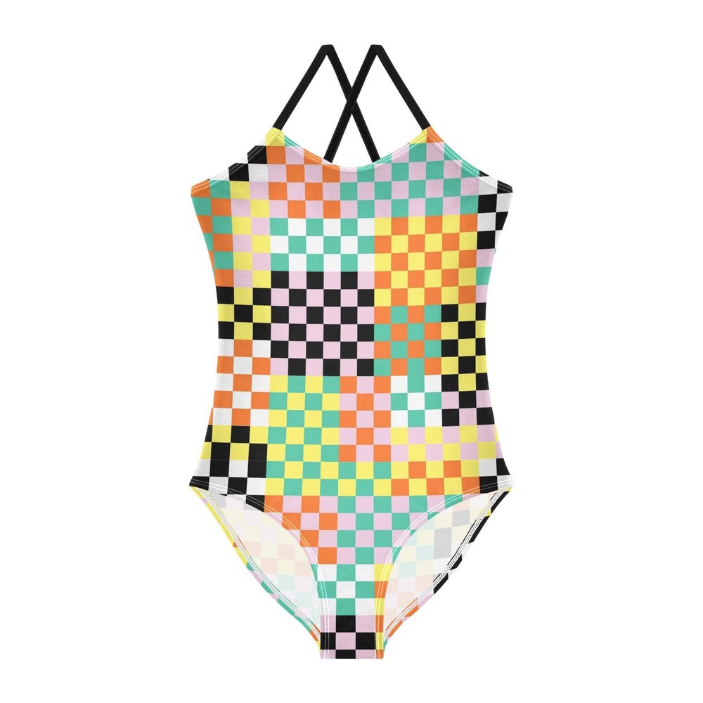 Checkerboard Funky Girls One Piece Swimsuits Colorful Sport Halter Swimwear Beach Bathing Suit 7-8T