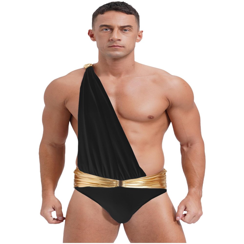 QinCiao Mens Ancient Greek Roman Toga Costume One Shoulder Bodysuits Halloween Cosplay Outfits Black XX-Large