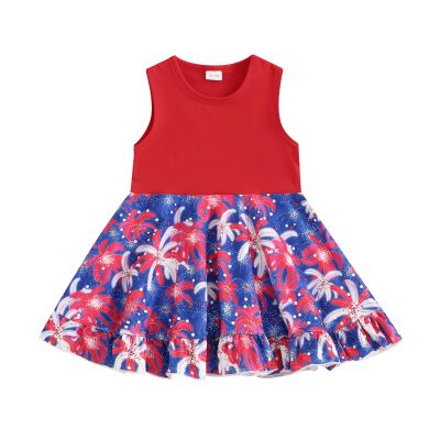 JLKGICF Toddler 4th of July Dresses for Girls Denim Patchwork Floral Print Dress American Flag Baby Fourth of July Outfit (Firework Red, 3-4 Years)