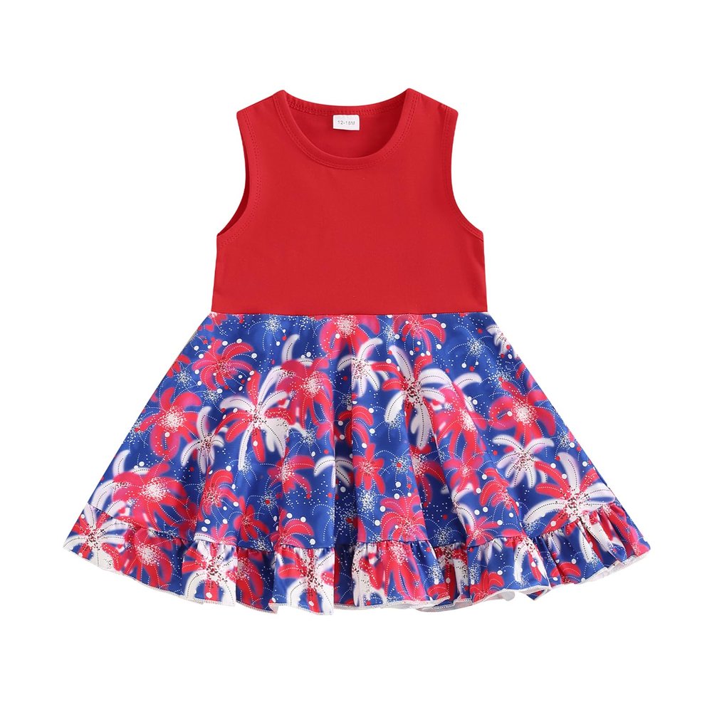 JLKGICF Toddler 4th of July Dresses for Girls Denim Patchwork Floral Print Dress American Flag Baby Fourth of July Outfit (Firework Red, 3-4 Years)