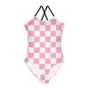 Coral Checkerboard Girls One Piece Swimsuits Sport Halter Swimwear Beach Bathing Suit 3T