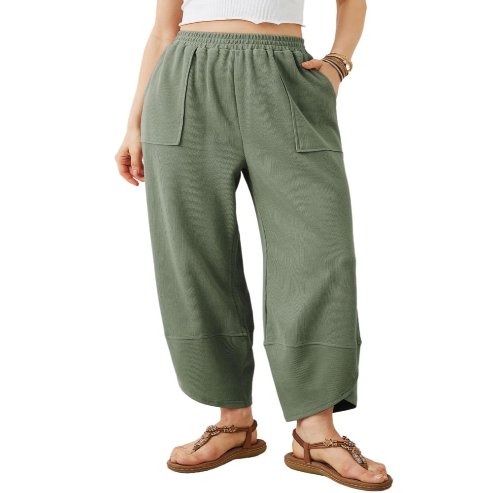 Tomosc Womens Baggy Wide Leg Pants Summer Casual Elastic Waist Palazzo Harem Pants with Pockets (4S-Green-M)