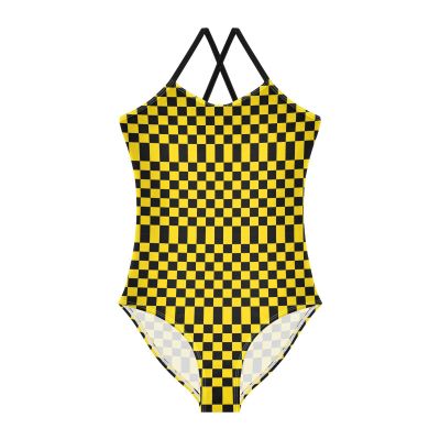 Checkerboard Girls One Piece Swimsuits Black Gold Squares Sport Halter Swimwear Beach Bathing Suit 7-8T