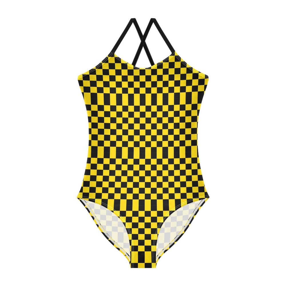 Checkerboard Girls One Piece Swimsuits Black Gold Squares Sport Halter Swimwear Beach Bathing Suit 7-8T