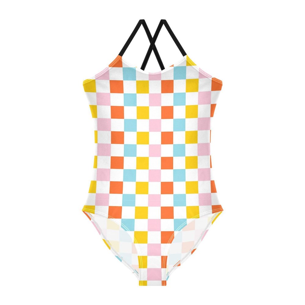 Colorful Chess Girls One Piece Swimsuits Sport Halter Swimwear Beach Bathing Suit 3T