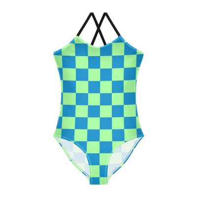 Checkerboard Girls One Piece Swimsuits Blue Pale Green Sport Halter Swimwear Beach Bathing Suit 9-10T