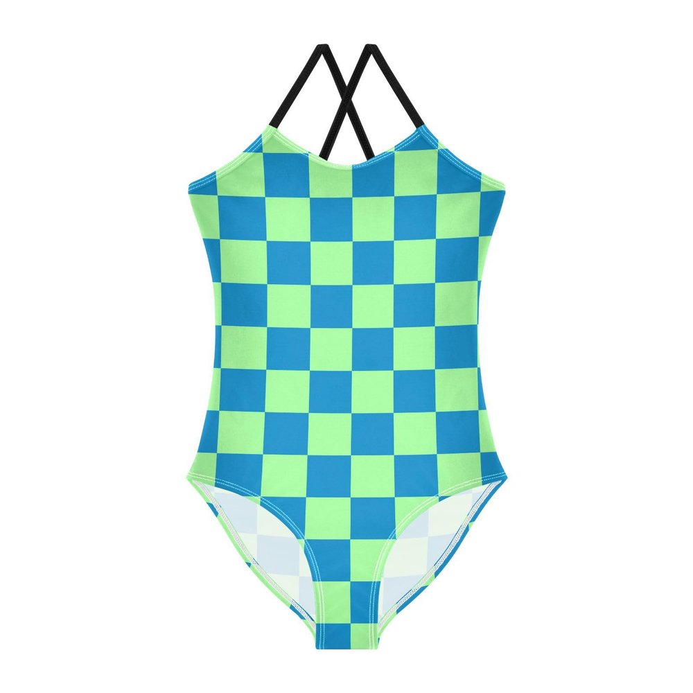 Checkerboard Girls One Piece Swimsuits Blue Pale Green Sport Halter Swimwear Beach Bathing Suit 9-10T