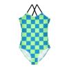 Checkerboard Girls One Piece Swimsuits Blue Pale Green Sport Halter Swimwear Beach Bathing Suit 9-10T view 1
