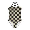 Black Brown Checkerboard Girls One Piece Swimsuits Sport Halter Swimwear Beach Bathing Suit 3T