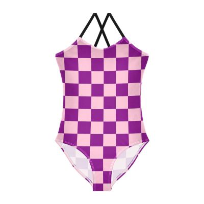Checkerboard Purple Pink Girls One Piece Swimsuits Sport Halter Swimwear Beach Bathing Suit 9-10T