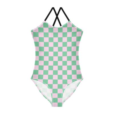 Checks Pink Green Girls One Piece Swimsuits Sport Halter Swimwear Beach Bathing Suit 7-8T