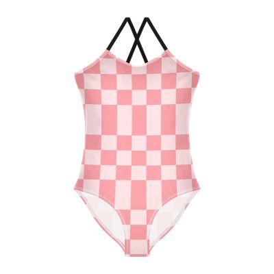 Bright Pink Chess Girls One Piece Swimsuits Sport Halter Swimwear Beach Bathing Suit 5-6T