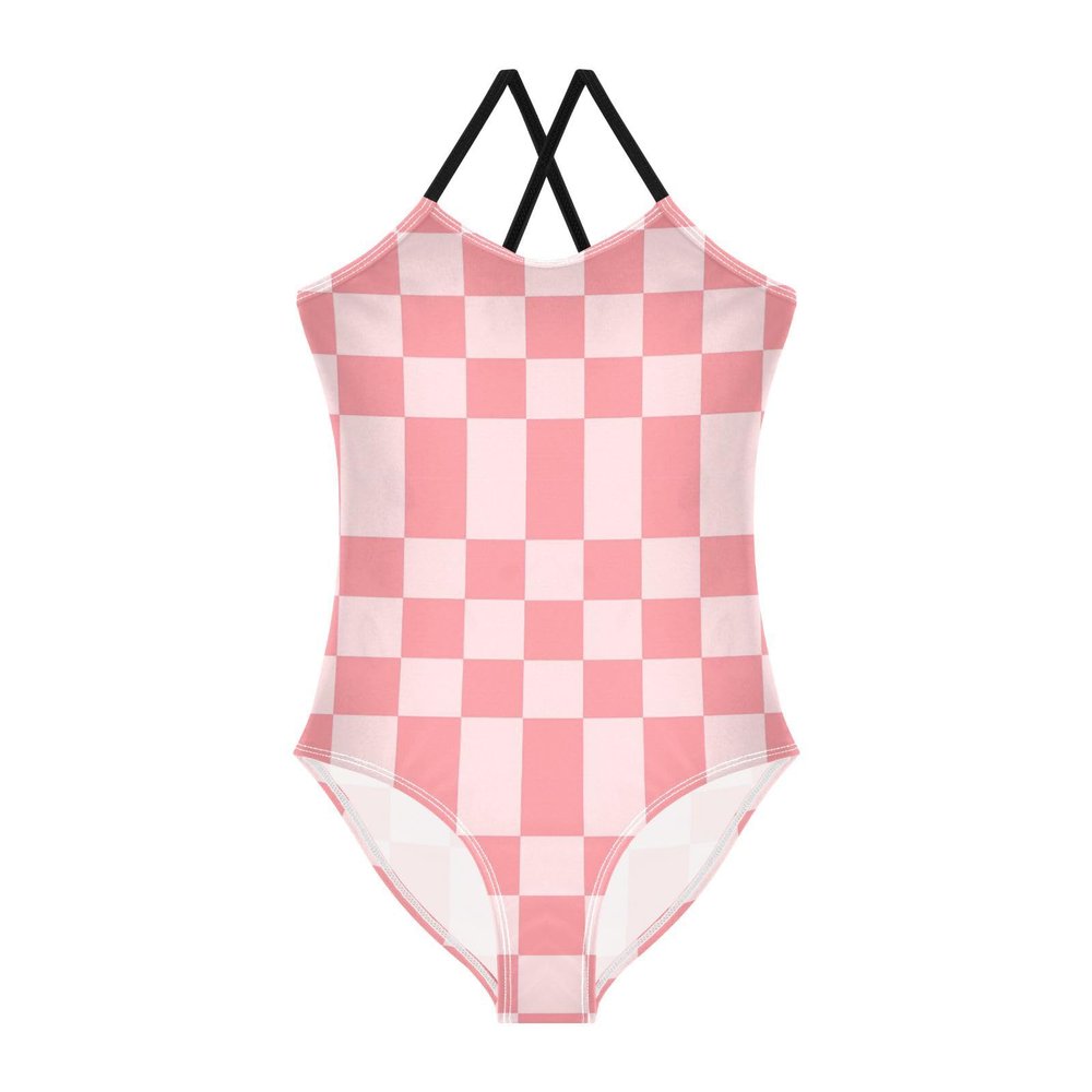 Bright Pink Chess Girls One Piece Swimsuits Sport Halter Swimwear Beach Bathing Suit 5-6T