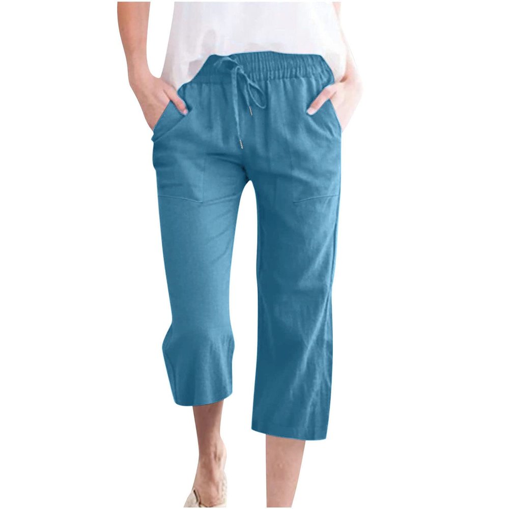 ABOUTYES Capris Pants for Women 2024 Summer Casual Stretch Cotton Linen Capri Pant Drawstring Cropped High Waisted Trousers