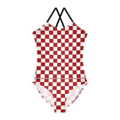 Chessboard White Red Girls One Piece Swimsuits Sport Halter Swimwear Beach Bathing Suit 3T