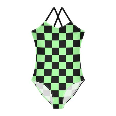 Checkerboard Girls One Piece Swimsuits Black Pale Green Sport Halter Swimwear Beach Bathing Suit 4T