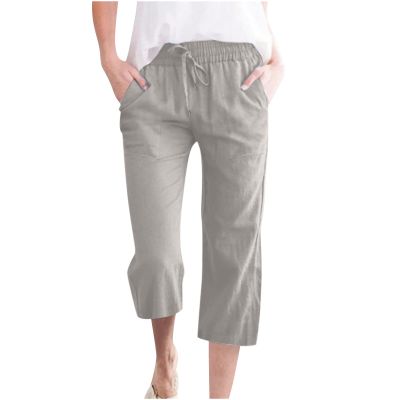 ABOUTYES Capris Pants for Women 2024 Summer Casual Stretch Cotton Linen Capri Pant Drawstring Cropped High Waisted Trousers