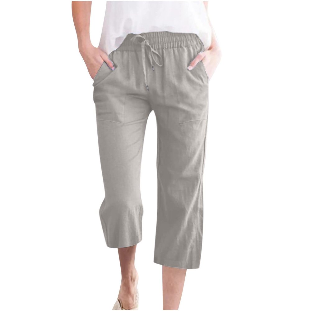 ABOUTYES Capris Pants for Women 2024 Summer Casual Stretch Cotton Linen Capri Pant Drawstring Cropped High Waisted Trousers