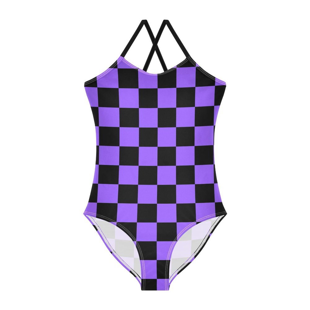 Colored Checkerboard Girls One Piece Swimsuits Purple Black Squares Sport Halter Swimwear Beach Bathing Suit 7-8T