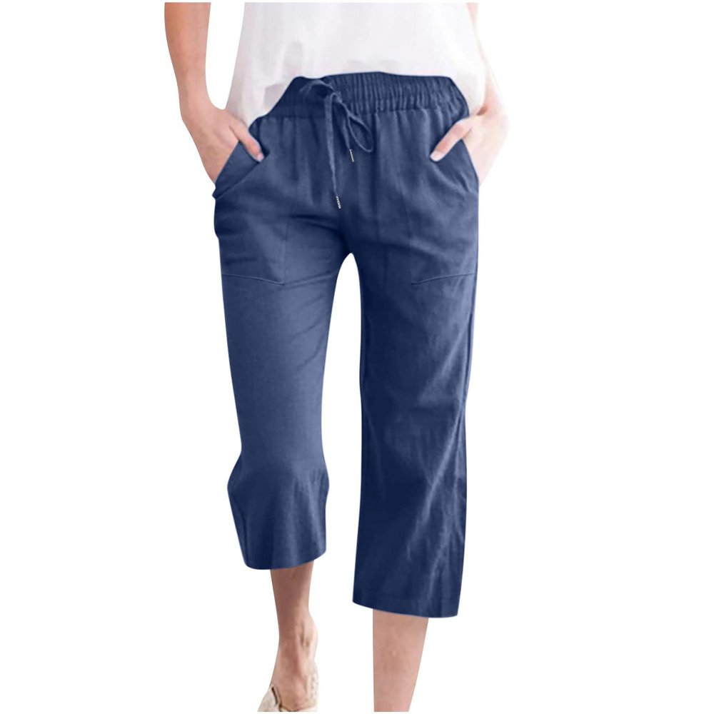 ABOUTYES Capris Pants for Women 2024 Summer Casual Stretch Cotton Linen Capri Pant Drawstring Cropped High Waisted Trousers