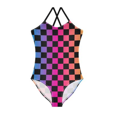 Black Rainbow Girls One Piece Swimsuits Squares Checkered Sport Halter Swimwear Beach Bathing Suit 7-8T