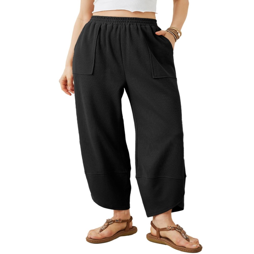 Tomosc Womens Baggy Wide Leg Pants Summer Casual Elastic Waist Palazzo Harem Pants with Pockets (4S-Black-L)