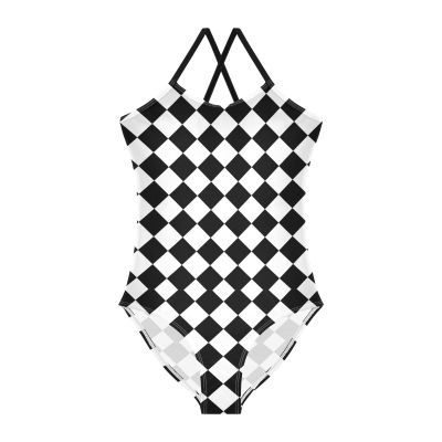 Checkered White Black Girls One Piece Swimsuits Sport Halter Swimwear Beach Bathing Suit 7-8T