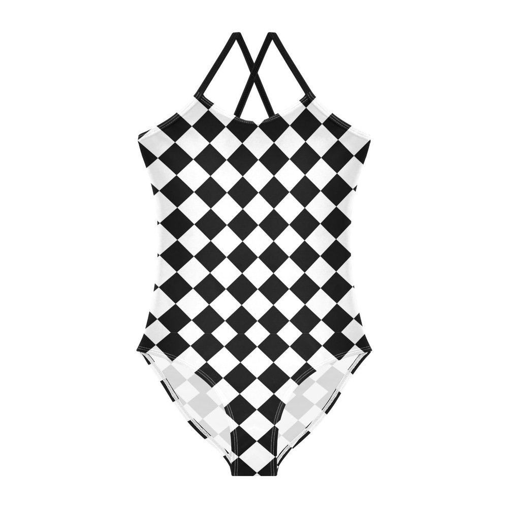 Checkered White Black Girls One Piece Swimsuits Sport Halter Swimwear Beach Bathing Suit 7-8T