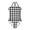 Checkered White Black Girls One Piece Swimsuits Sport Halter Swimwear Beach Bathing Suit 7-8T
