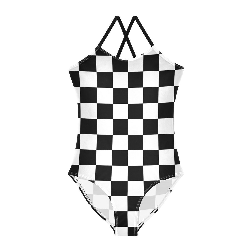 Black White Chessboard Girls One Piece Swimsuits Sport Halter Swimwear Beach Bathing Suit 5-6T