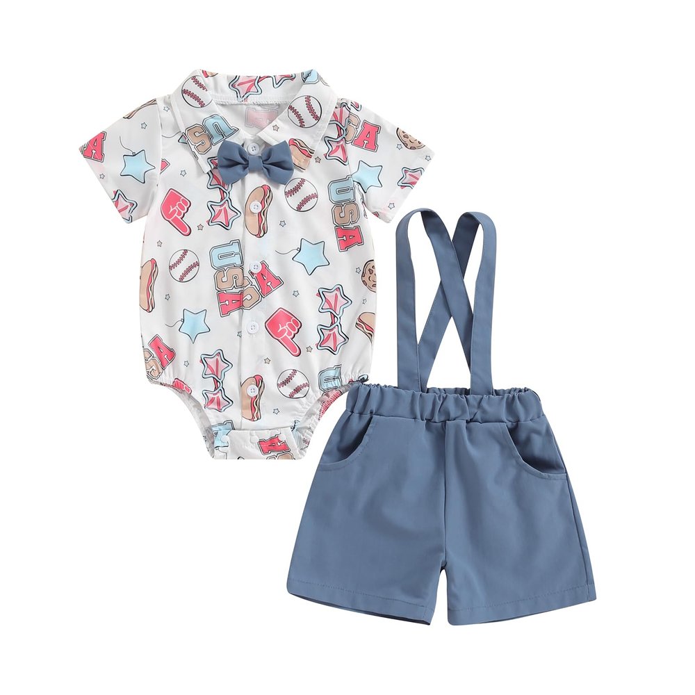 My First 4th Of July Baby Boy Outfit Newborn American Flag/Ice Cream Romper Solid Overalls Shorts Infant Clothes Set (Navy Blue USA&Baseball, 0-3 Months)