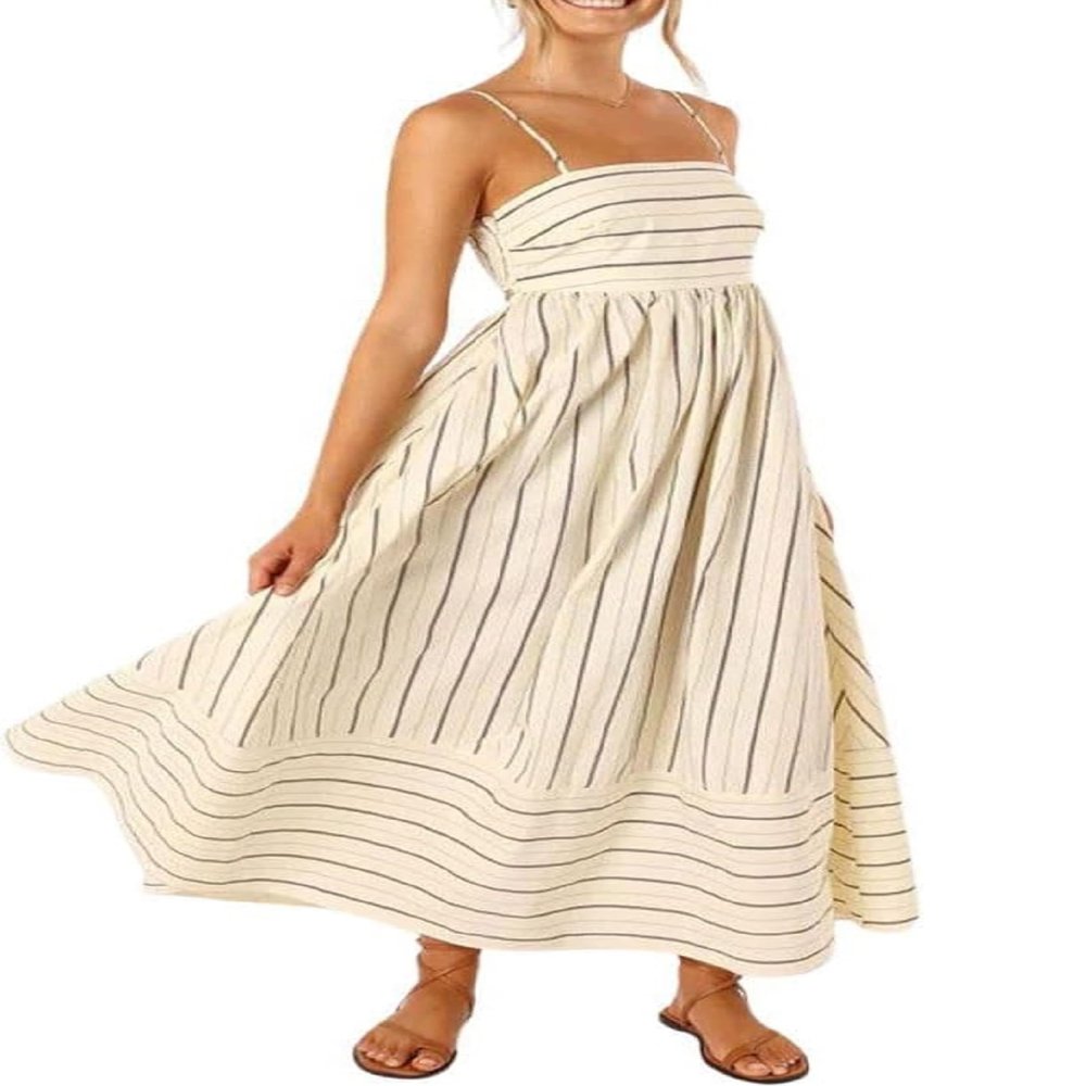 KMBANGI Women Striped Sleeveless Maxi Dress Swing Cutout Midi Dress Backless Smocked Spaghetti Strap Boho Flowy Long Sundress(B277 Khaki,XL)