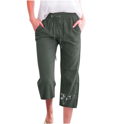 ABOUTYES Capris Pants for Women 2024 Summer Casual Stretch Cotton Linen Capri Pant Drawstring Cropped High Waisted Trousers