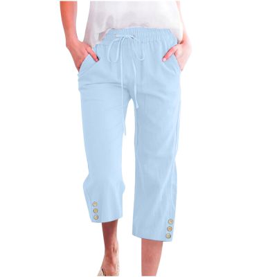 ABOUTYES Capris Pants for Women 2024 Summer Casual Stretch Cotton Linen Capri Pant Drawstring Cropped High Waisted Trousers