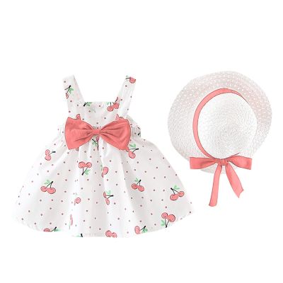 AMIMOJY Infrant Baby Girls Summer Dresses Sleeveless Princess Clothes Cherry Polka Dot Tank Skirt Bow Hat Outfit Set 2Pcs, 18-24 Months, Pink