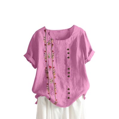 Womens Linen Tops,Short Sleeve Round Neck Shirt Oversized Floral Graphic Tees,Summer Tops for Women,Blusas para Mujer Casuales Y Elegantes