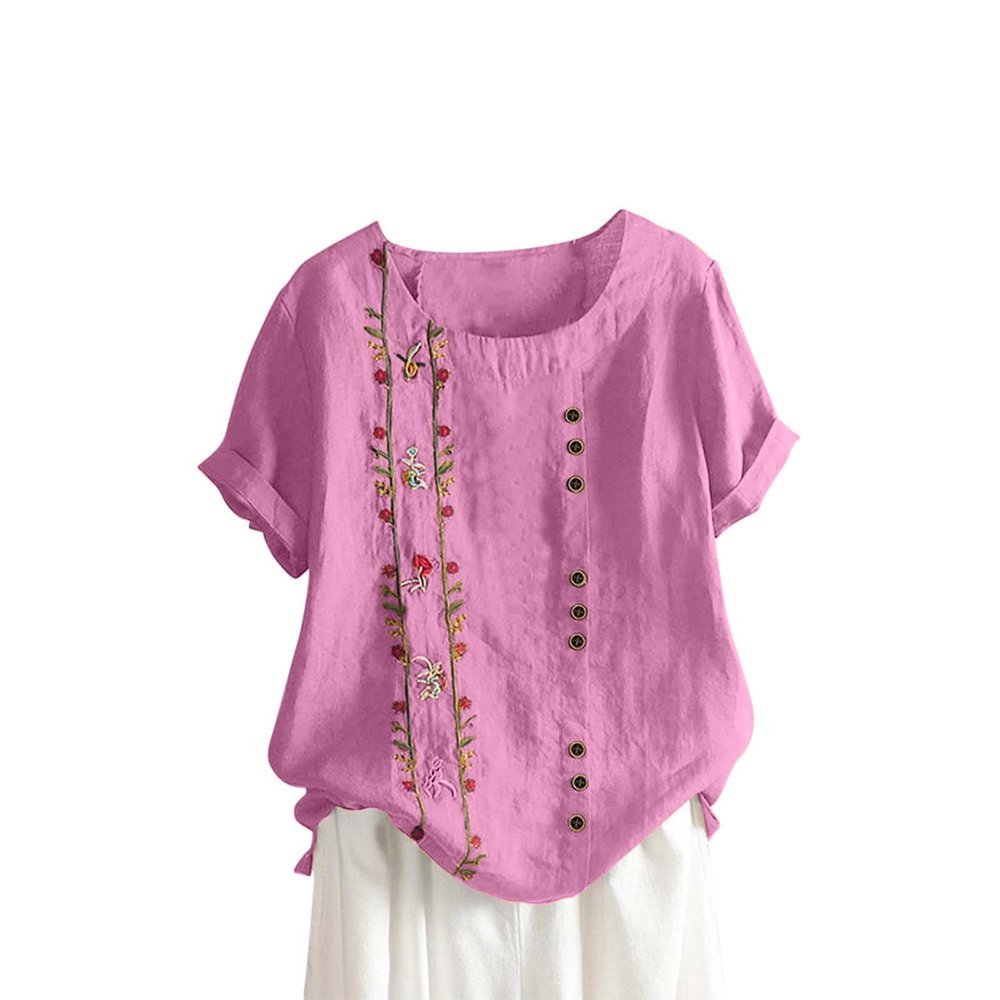 Womens Linen Tops,Short Sleeve Round Neck Shirt Oversized Floral Graphic Tees,Summer Tops for Women,Blusas para Mujer Casuales Y Elegantes