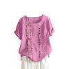 Womens Linen Tops,Short Sleeve Round Neck Shirt Oversized Floral Graphic Tees,Summer Tops for Women,Blusas para Mujer Casuales Y Elegantes view 1