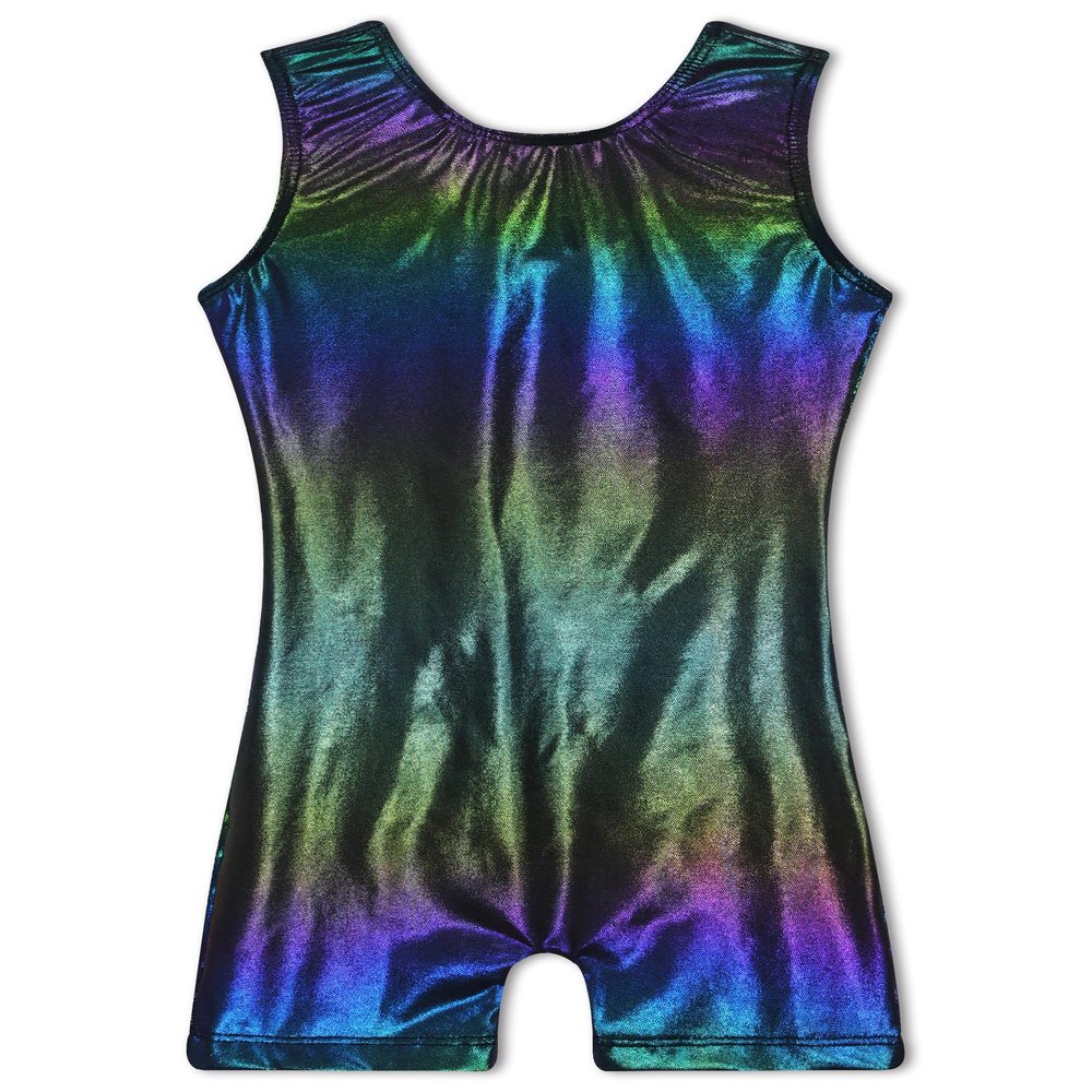 TENVDA Girls Leotards for Gymnastics Biketard Size 4t 5t Holographic Black Stretchy Sleeveless Tumbling Unitard