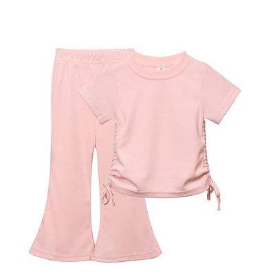 AMIMOJY Girls Clothes Toddler Kids Solid Color Set Cotton Short Sleeve Drawstring T Shirt Tops Flare Pants Soft Outfit 2Pcs, 5-6 Years, Pink