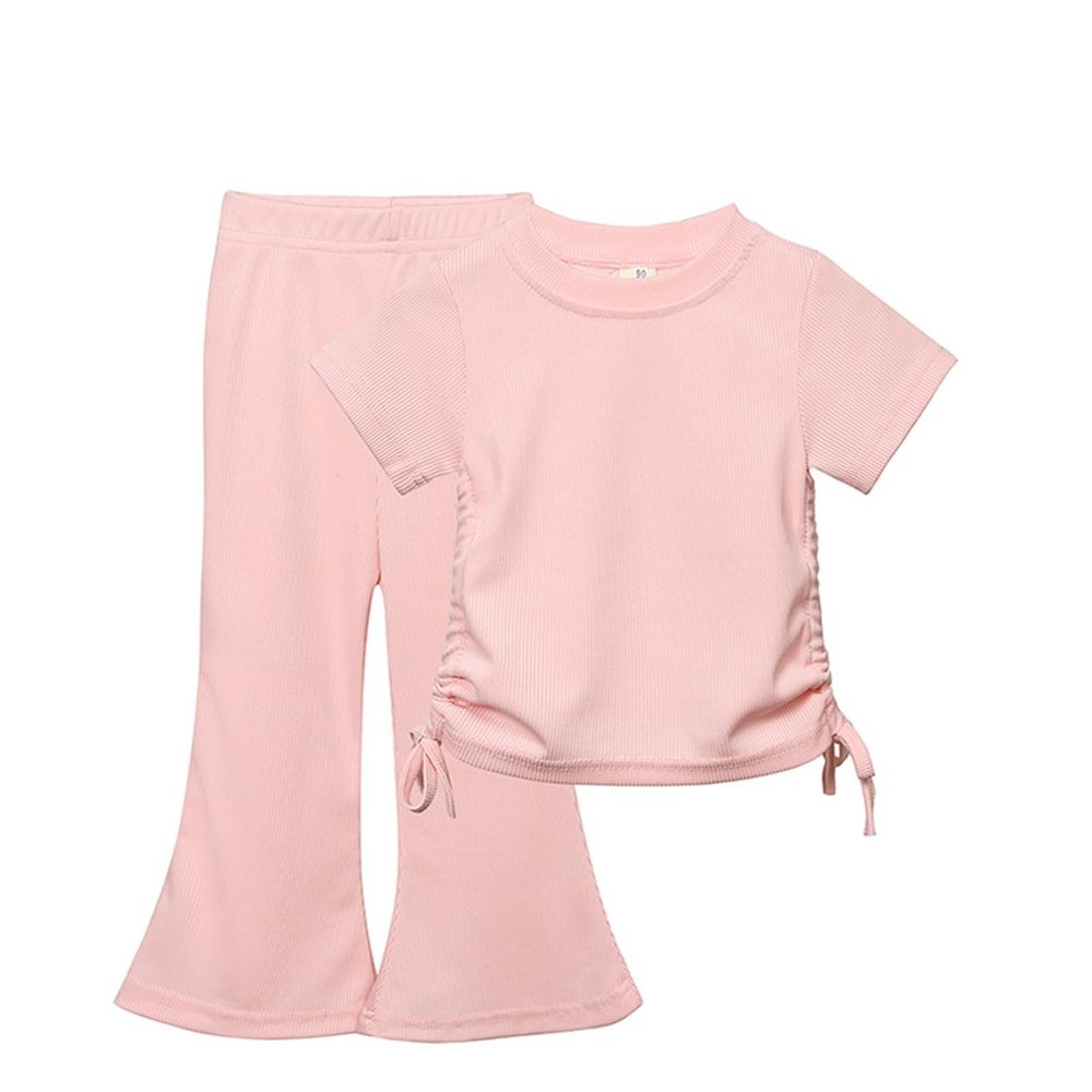 AMIMOJY Girls Clothes Toddler Kids Solid Color Set Cotton Short Sleeve Drawstring T Shirt Tops Flare Pants Soft Outfit 2Pcs, 5-6 Years, Pink
