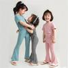 AMIMOJY Girls Clothes Toddler Kids Solid Color Set Cotton Short Sleeve Drawstring T Shirt Tops Flare Pants Soft Outfit 2Pcs, 5-6 Years, Pink view 2