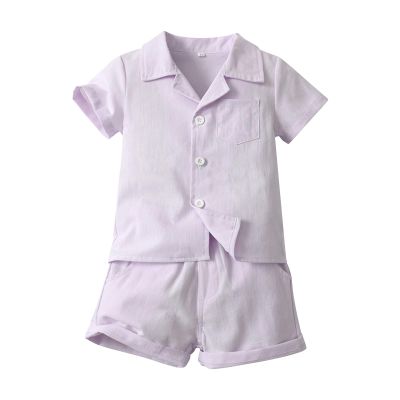 AMIMOJY Toddler Boys Summer Clothes Cotton Linen Solid Outfit Botton Tops Elastic Shorts Casual Shorts Set Baby Suit 2Pcs, 4T, Purple