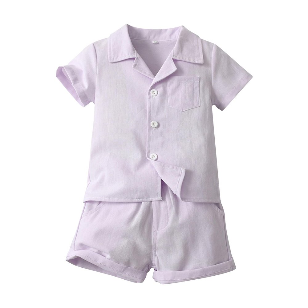 AMIMOJY Toddler Boys Summer Clothes Cotton Linen Solid Outfit Botton Tops Elastic Shorts Casual Shorts Set Baby Suit 2Pcs, 4T, Purple
