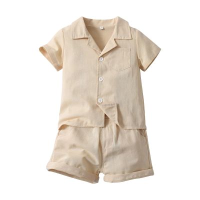 AMIMOJY Toddler Boys Summer Clothes Cotton Linen Solid Outfit Botton Tops Elastic Shorts Casual Shorts Set Baby Suit 2Pcs, 9-12 Months, Beige