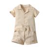AMIMOJY Toddler Boys Summer Clothes Cotton Linen Solid Outfit Botton Tops Elastic Shorts Casual Shorts Set Baby Suit 2Pcs, 9-12 Months, Beige view 1