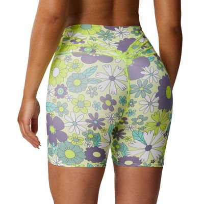 Aoxjox Trinity Workout Biker Shorts for Women Tummy Control High Waisted Exercise Athletic Gym Running Yoga Short 6" (Green Flower Print, Medium)