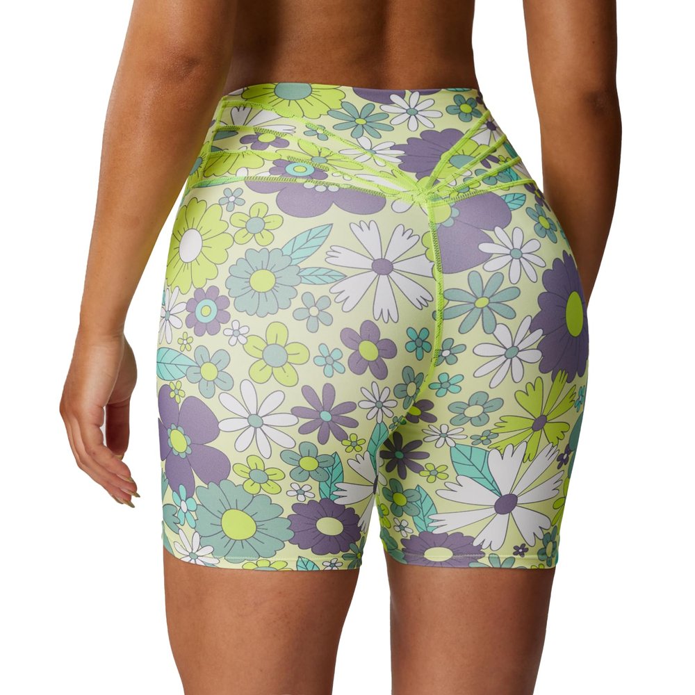 Aoxjox Trinity Workout Biker Shorts for Women Tummy Control High Waisted Exercise Athletic Gym Running Yoga Short 6" (Green Flower Print, Medium)