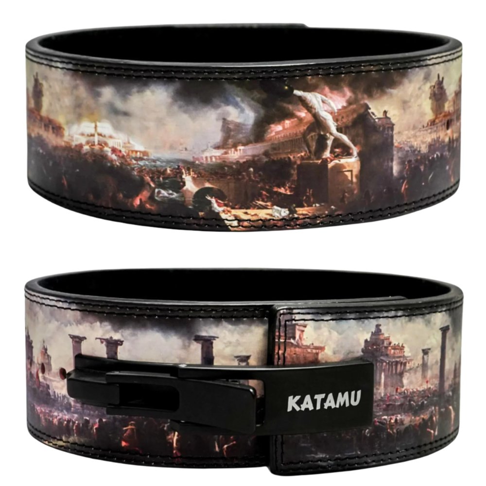 Katamu Premium Leather Lever Weightlifting Belt  Secure Steel Lever, Powerlifting Support for Deadlifts, Squats & Heavy Lifts - Lift More (Fall of Rome, Small)